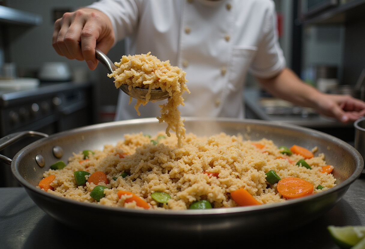 Combining rice with stir-fried vegetables to create flavorful vegetable fried rice for the crispy saucy chicken meal.