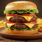 Delicious easy ground beef burger served with fresh toppings and fries on a rustic wooden table.
