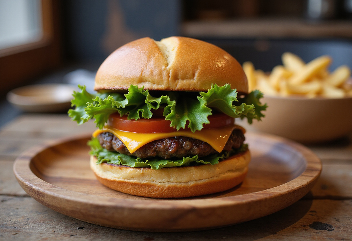 Delicious easy ground beef burger served with fresh toppings and fries on a rustic wooden table.