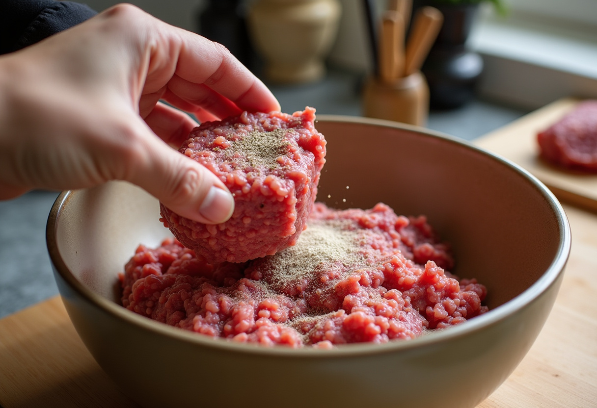 Ground beef being prepared for an easy ground beef burger recipe with seasonings on a wooden countertop.
