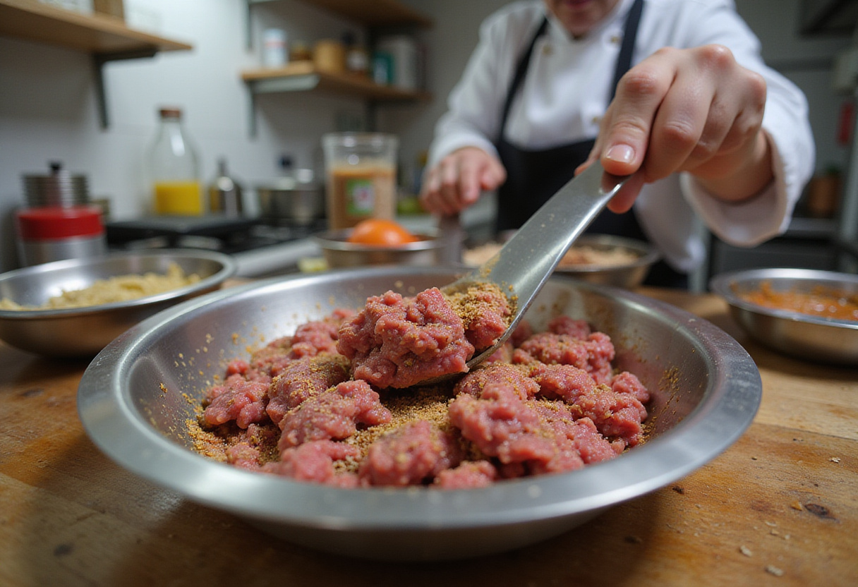 Chef mixing ground beef with seasonings for a simple burger recipe in a bright kitchen.