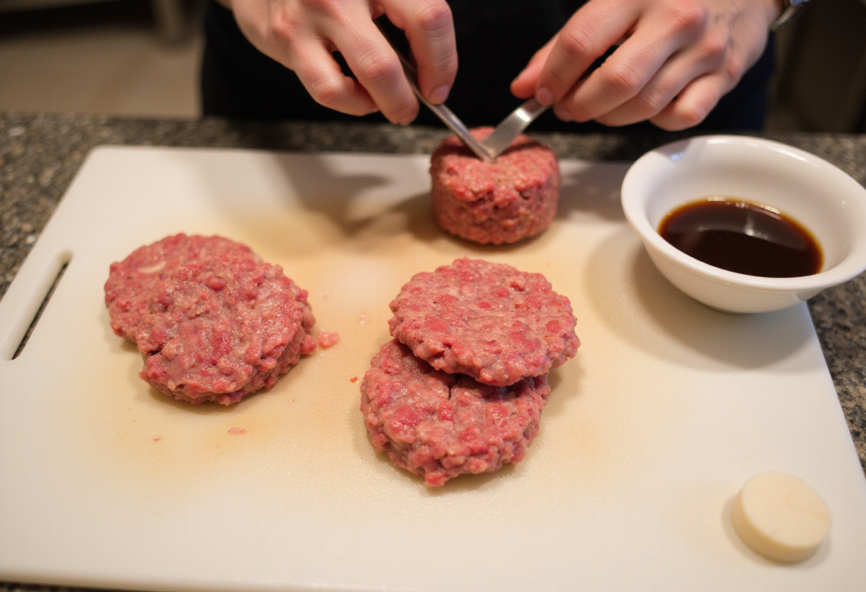 Forming beef patties for the easy ground beef burger recipe on a cutting board.