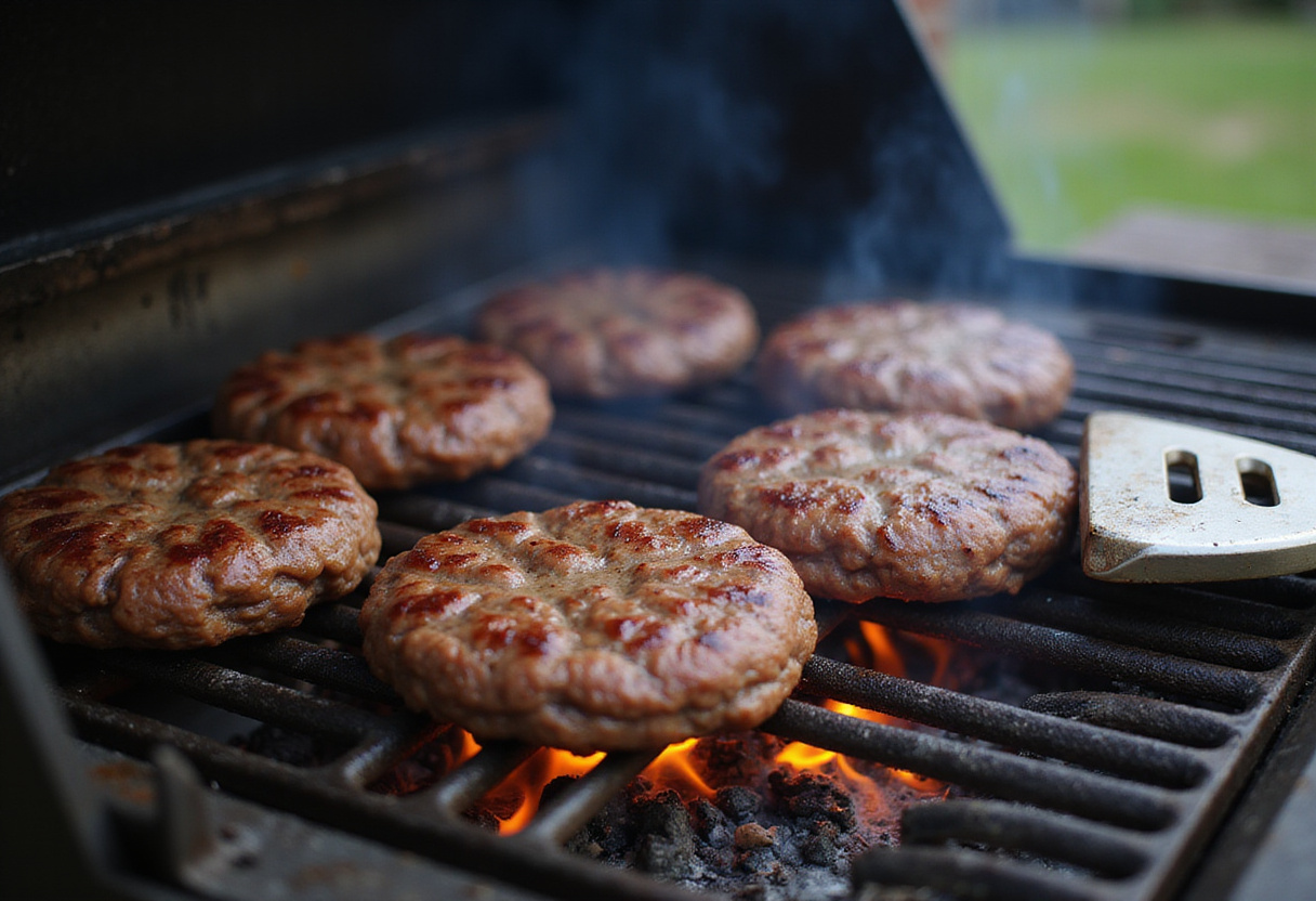 Grilling burger patties for an easy ground beef burger recipe with flames and a spatula.