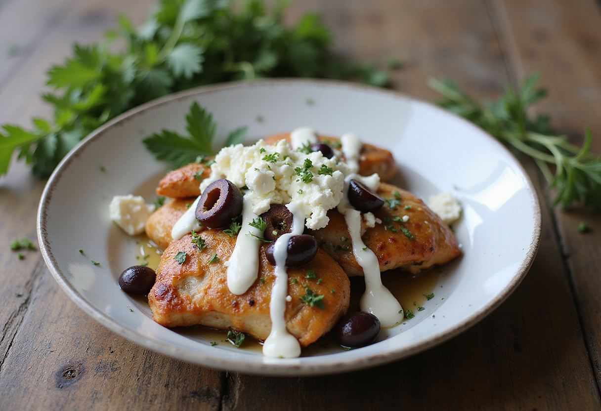 Final presentation of Easy Healthy Greek Chicken Bowls, featuring grilled chicken, vegetables, feta, and tzatziki sauce, perfect for a healthy meal.