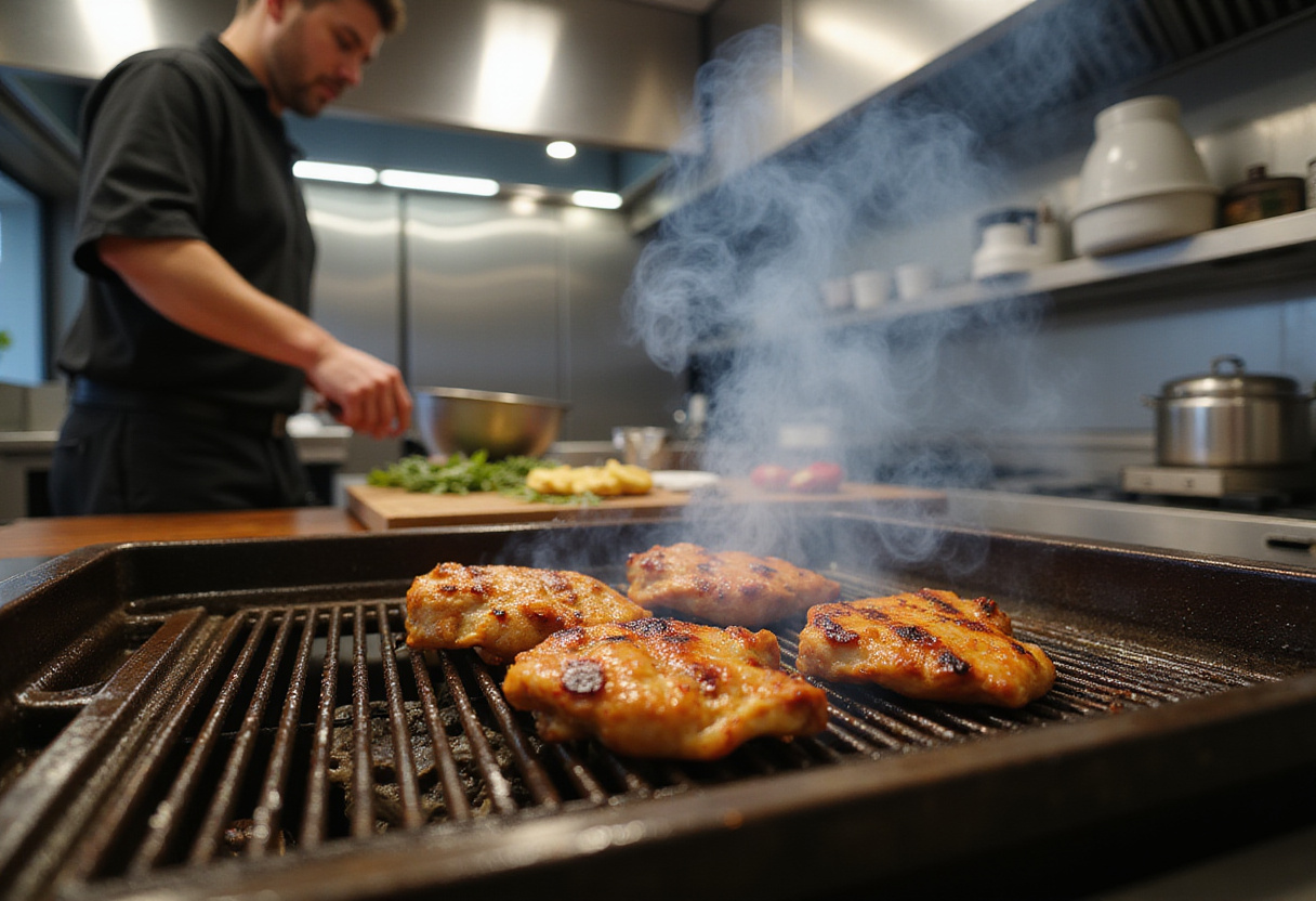 Grilling marinated chicken for Greek Chicken Bowls, highlighting the preparation process with delicious smoke.