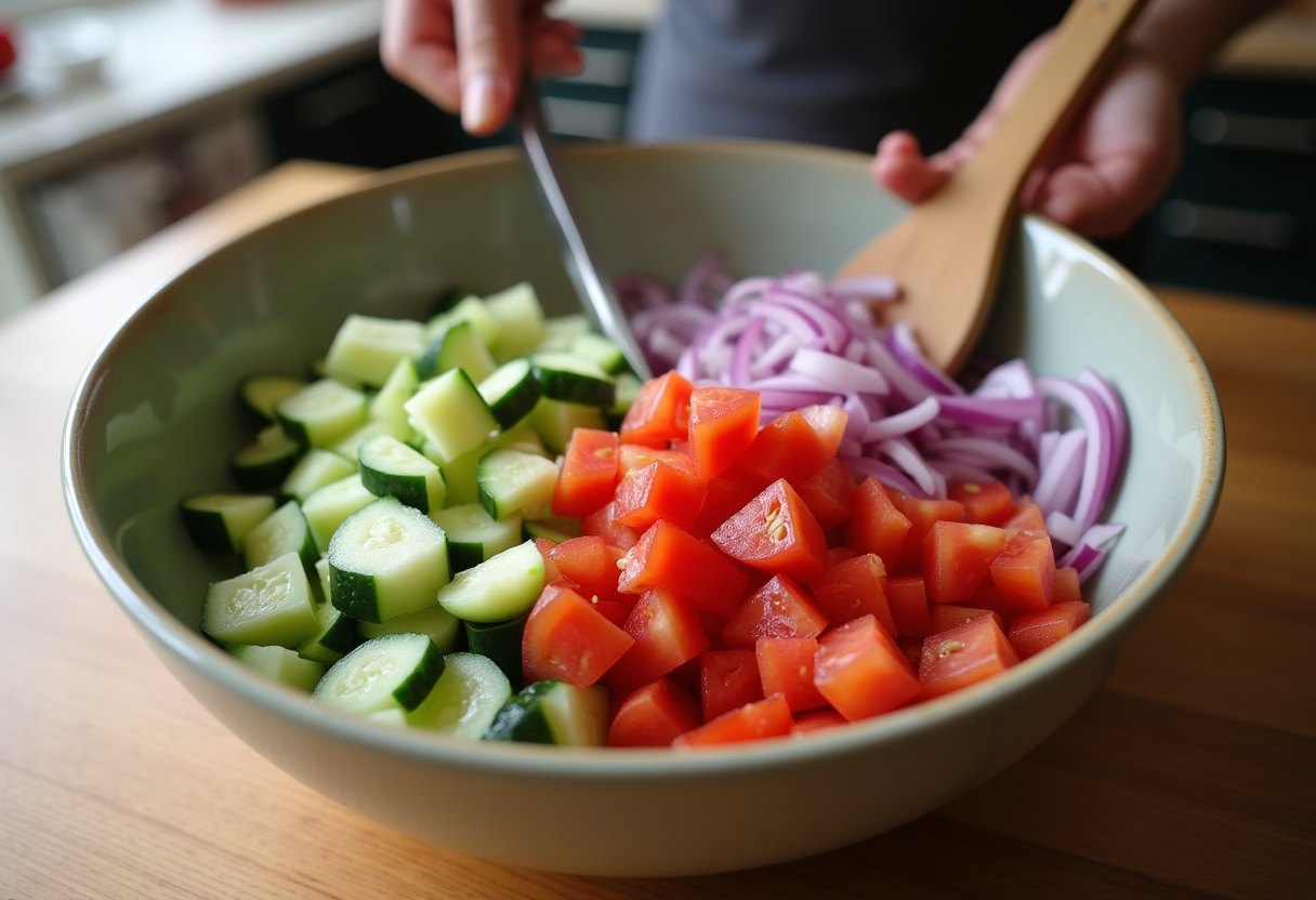 Mixing fresh vegetables for Greek Chicken Bowls, focusing on healthy ingredients such as cucumbers, tomatoes, and onions.