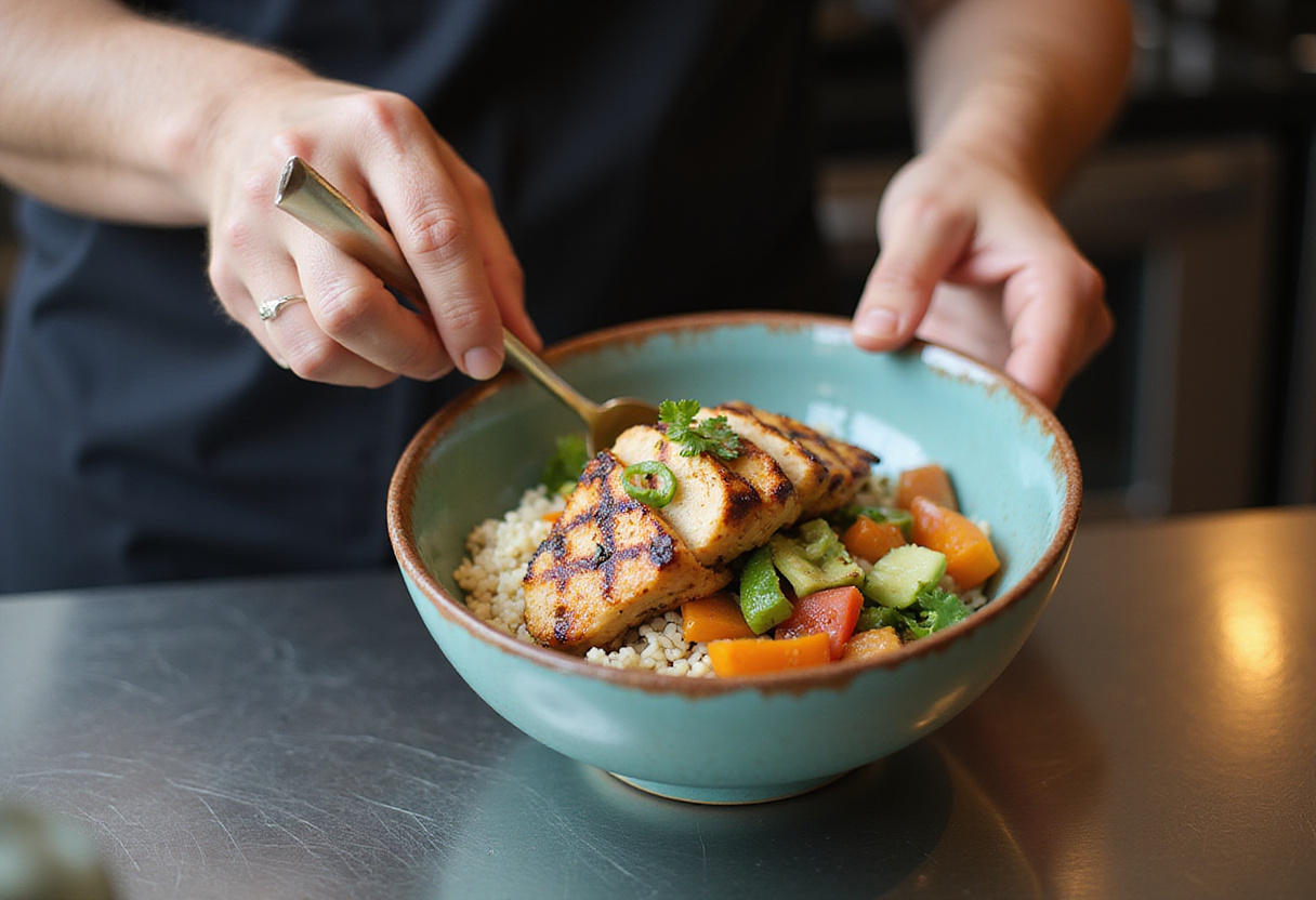 Assembling Easy Healthy Greek Chicken Bowls with grilled chicken, rice, and fresh veggies, showcasing a colorful meal prep.