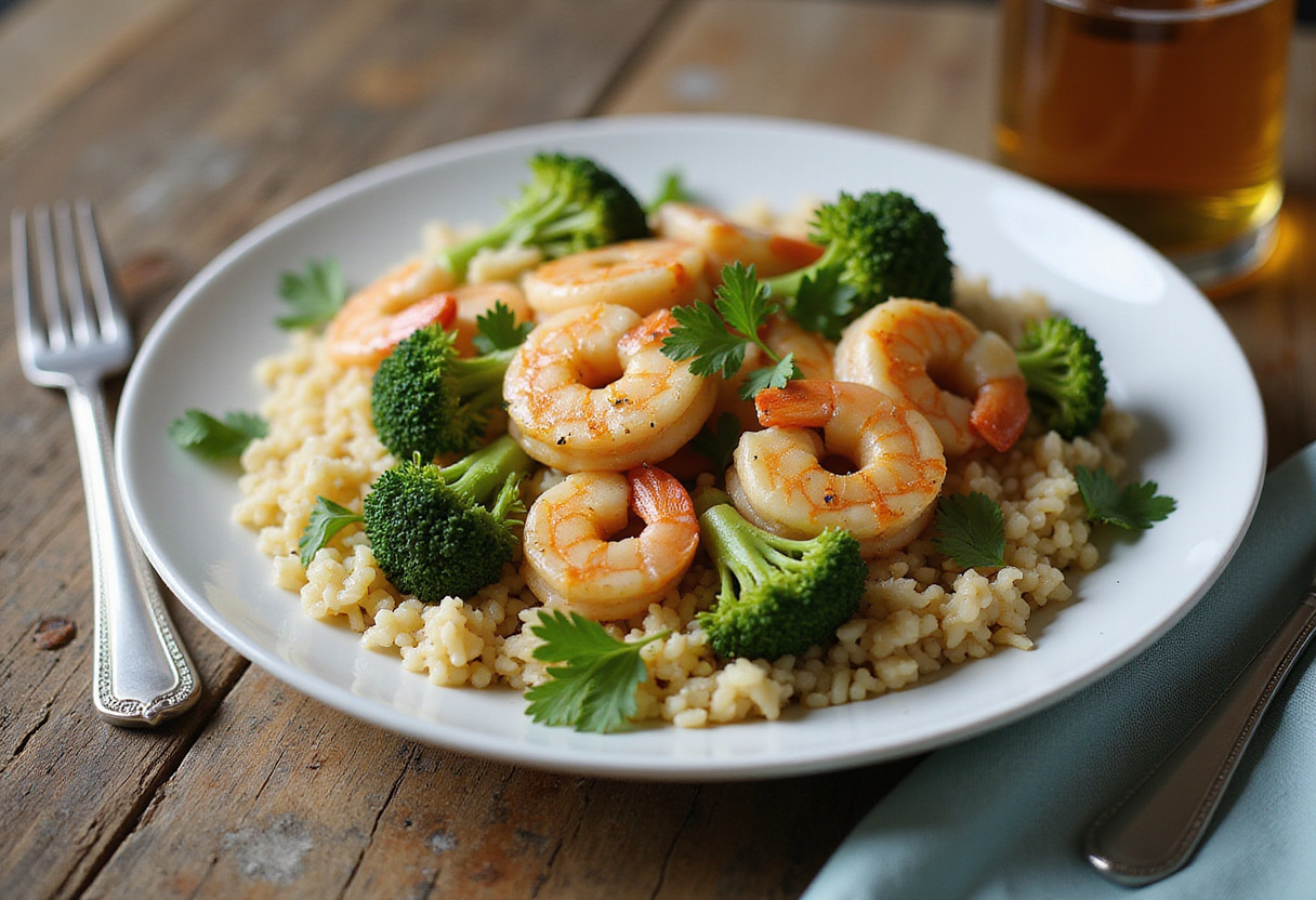 Final presentation of garlic butter shrimp and broccoli rice, a healthy and hearty meal perfect for any dining occasion.