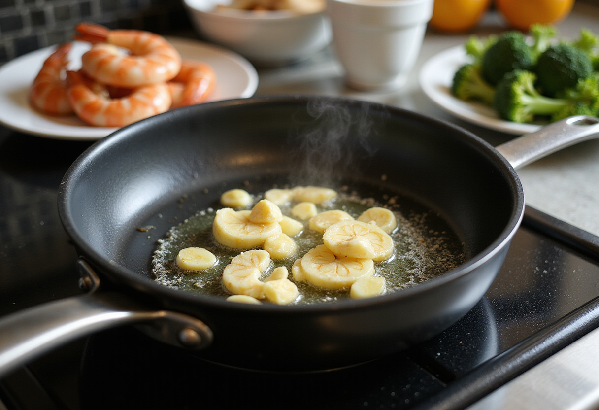 Sautéing garlic in butter for garlic butter shrimp and broccoli rice, showcasing a healthy meal preparation.