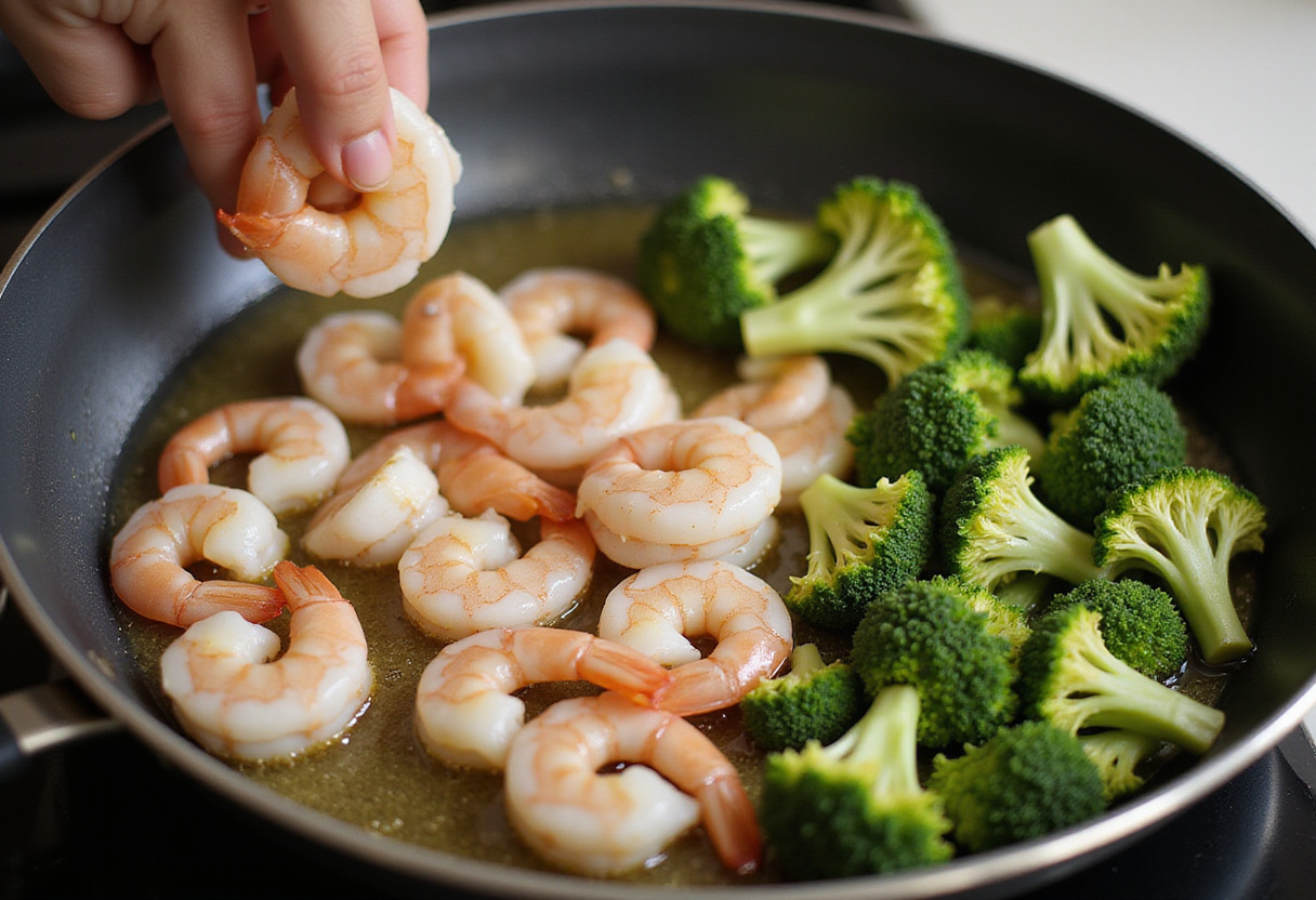 Adding shrimp to garlic butter in a skillet for a delicious shrimp and broccoli rice dish, highlighting fresh ingredients.
