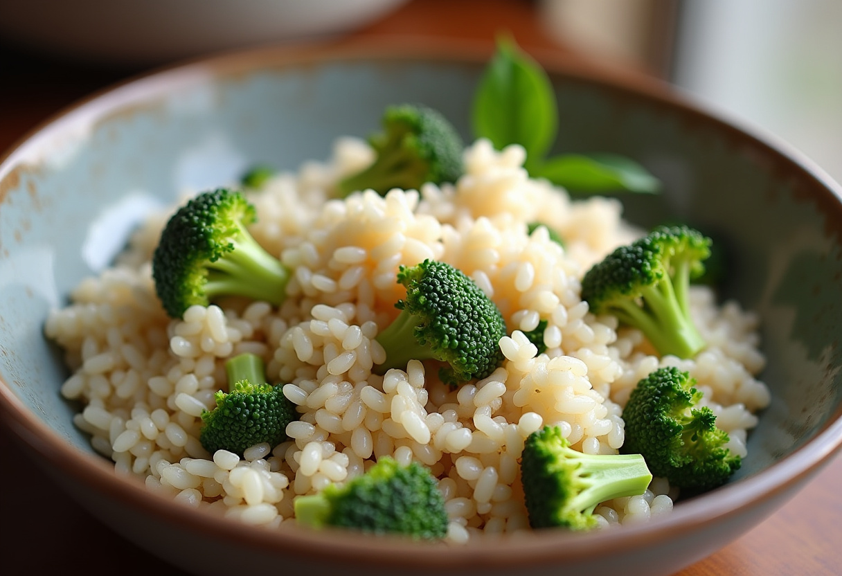 Mixing broccoli into rice for garlic butter shrimp and broccoli rice, emphasizing the nutritious blend of ingredients.