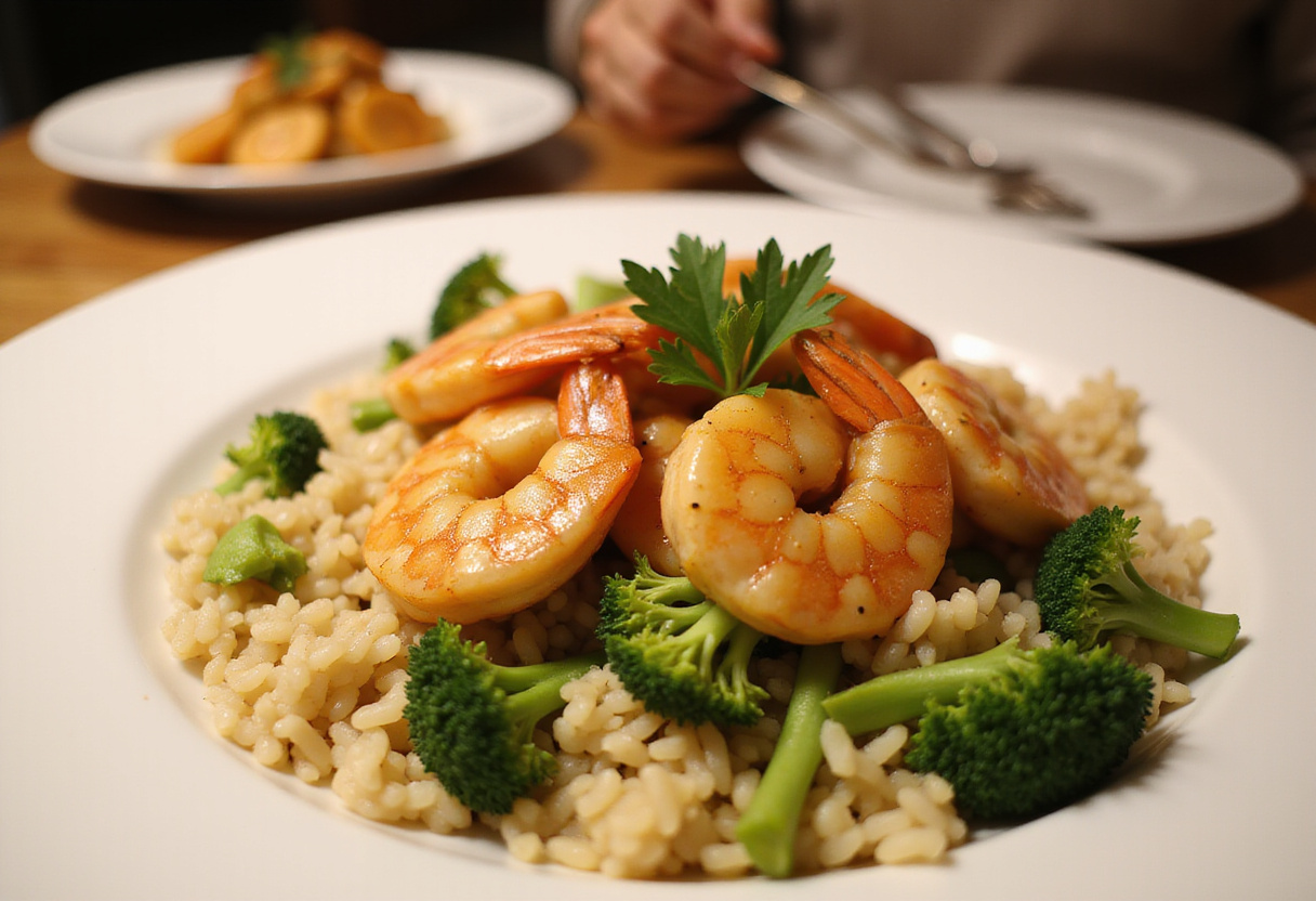 Plating garlic butter shrimp with broccoli rice, showcasing a colorful and hearty meal presentation.