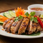 Final presentation of Grilled Vietnamese Chicken highlighting its vibrant colors and rich flavors with fresh herbs and dipping sauce.