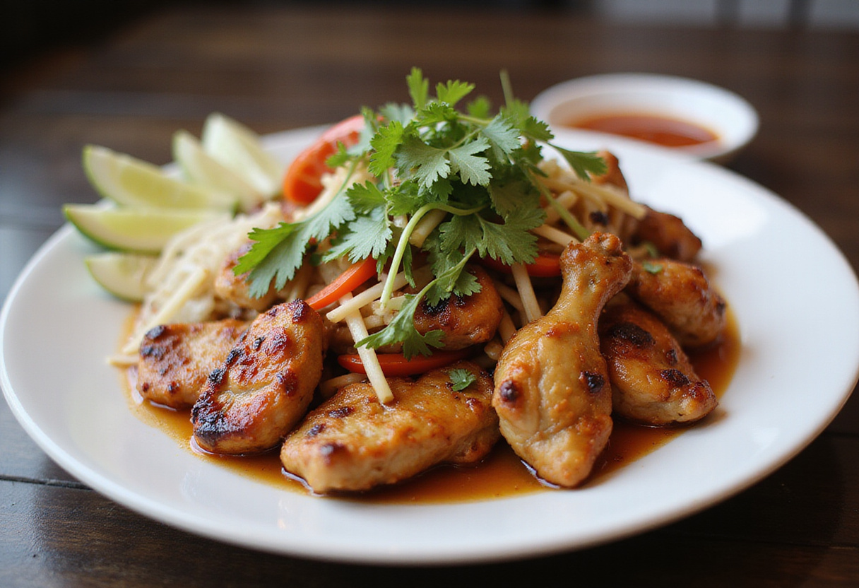 Final presentation of Grilled Vietnamese Chicken highlighting its vibrant colors and rich flavors with fresh herbs and dipping sauce.