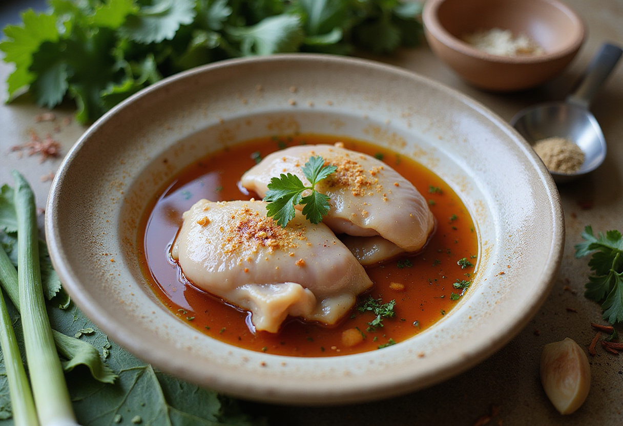 Marinating chicken thighs for Grilled Vietnamese Chicken with fish sauce and lemongrass for vibrant flavors.