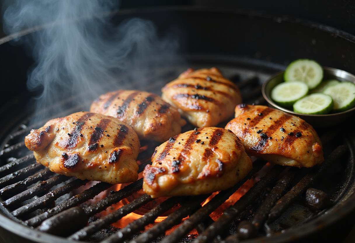 Grilling marinated chicken thighs for traditional Grilled Vietnamese Chicken with perfect char and grilled marks.
