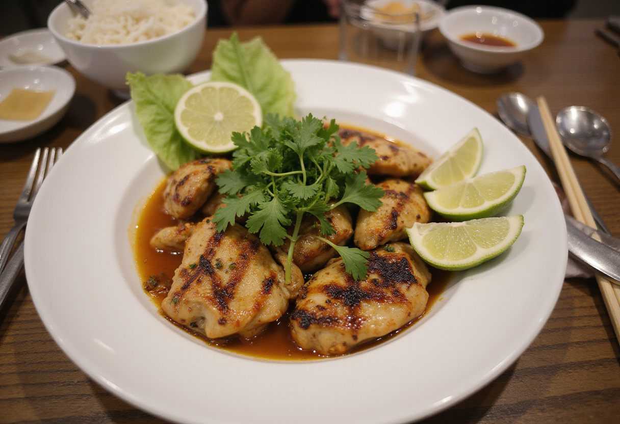 Serving the delicious Grilled Vietnamese Chicken on a vibrant plate with fresh herbs and rice noodles for an authentic presentation.