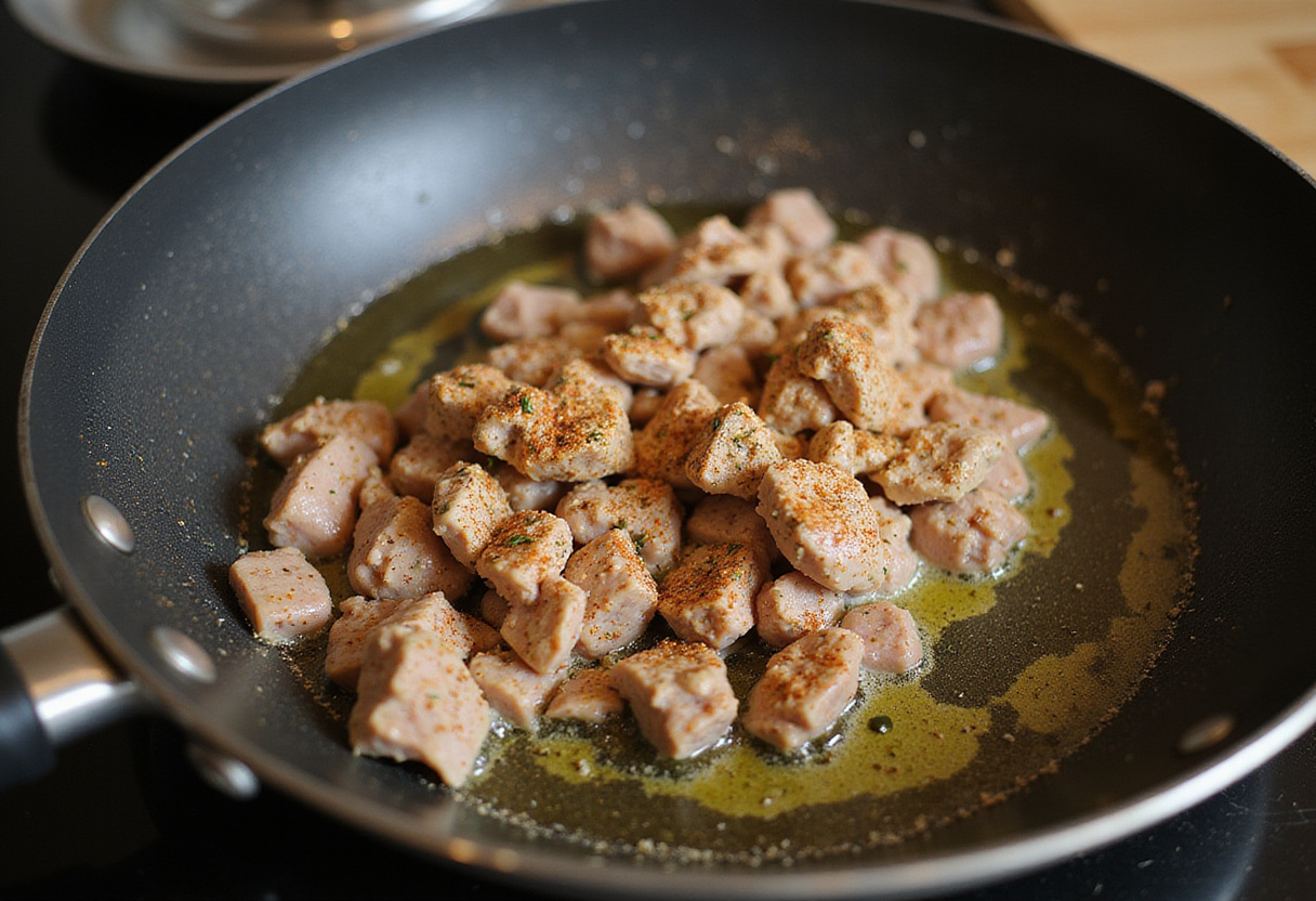 Ground turkey being sautéed in olive oil, a quick and healthy recipe with flavorful spices for delicious turkey and peppers.