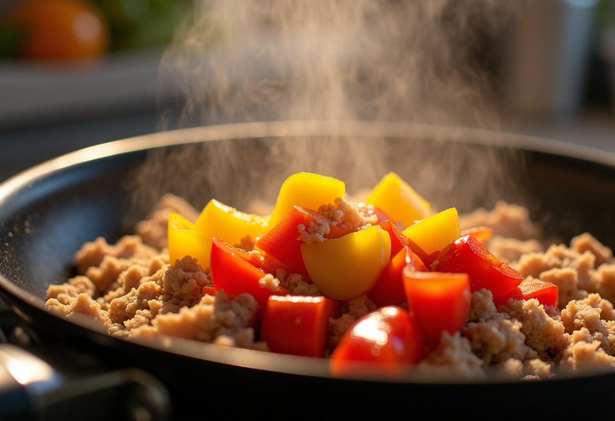 Chopped bell peppers added to ground turkey for a quick, healthy, and flavorful dish, showcasing the vibrant colors of the ingredients.