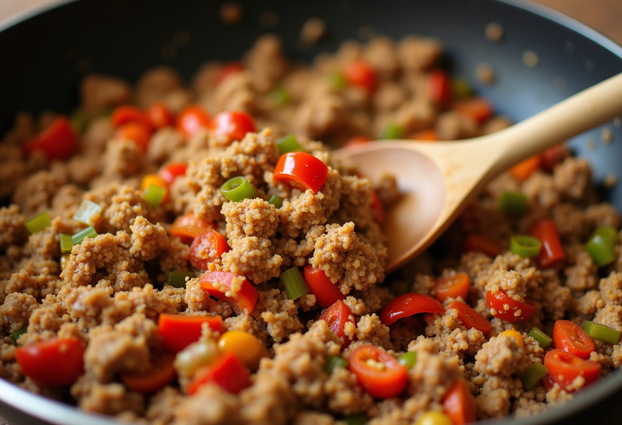 Stirring ground turkey and peppers in a pan, a healthy and flavorful meal preparation process, highlighting the delicious mix of textures.