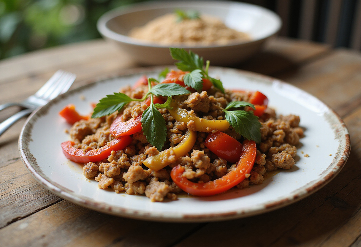 Perfectly plated ground turkey and peppers dish with herbs, emphasizing a quick and healthy meal, visually appealing and full of flavor.