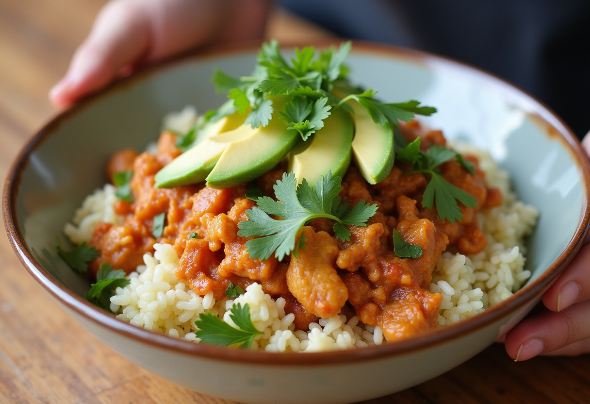 Delicious Healthy Chicken Enchilada Bowl with cauliflower rice and chicken, vibrant presentation, healthy meal ideas on wooden table.