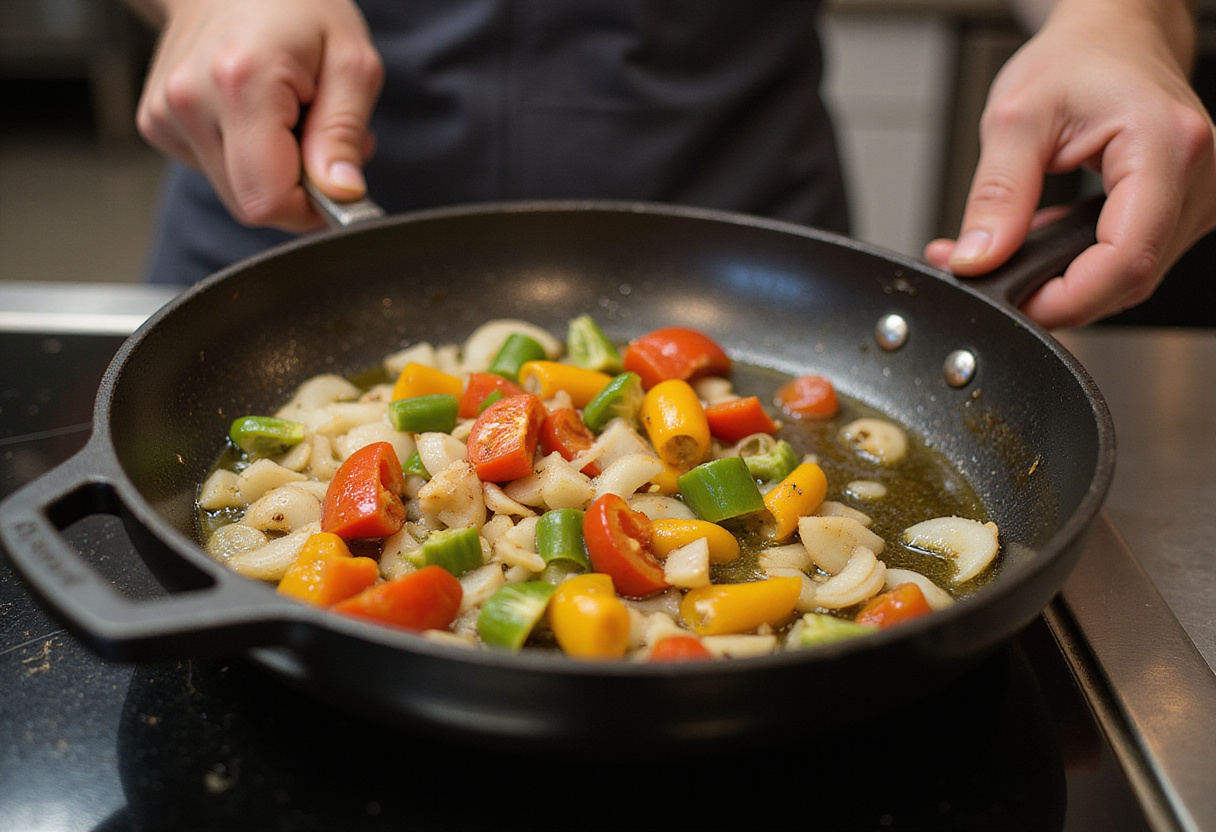 Sautéing onions and bell peppers for Healthy Chicken Enchilada Bowls, vibrant colors in the skillet, healthy cooking, meal prep.