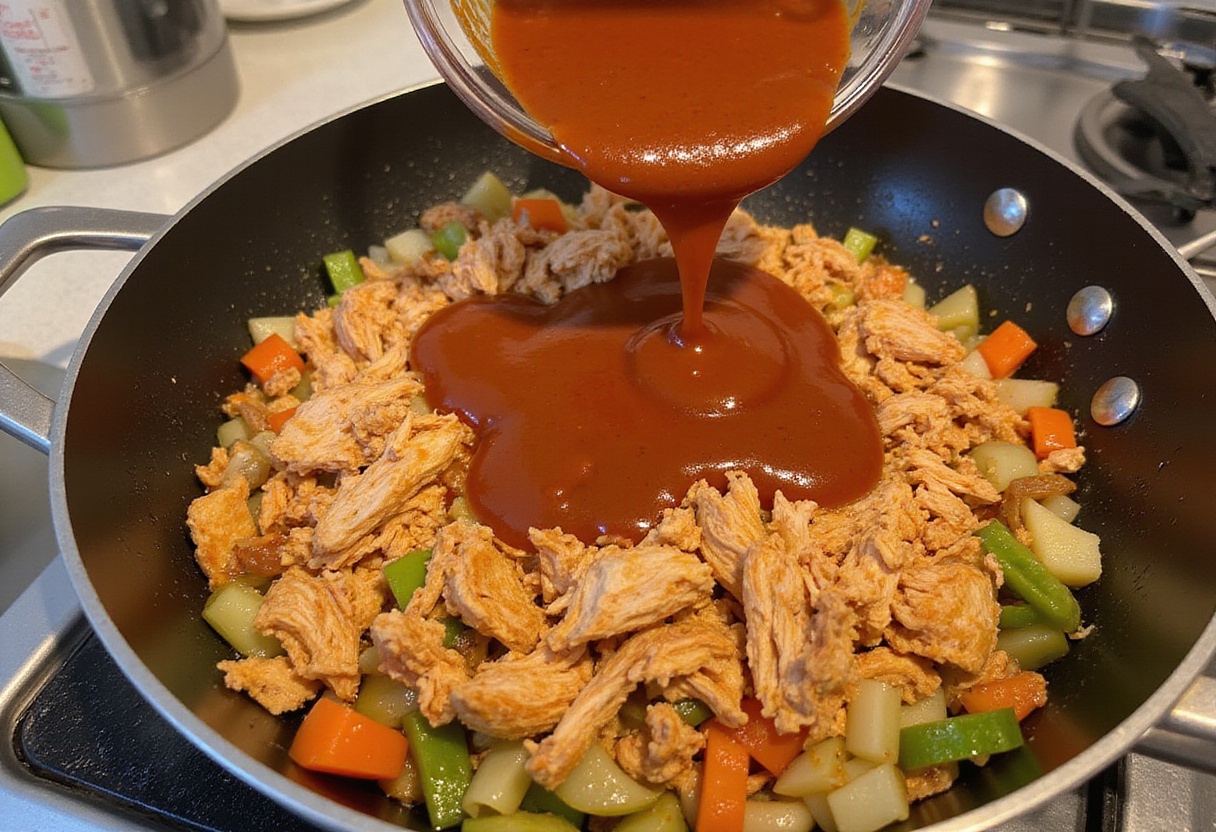 Adding shredded chicken and enchilada sauce to the skillet for Healthy Chicken Enchilada Bowls, delicious flavors merging in a healthy dish.
