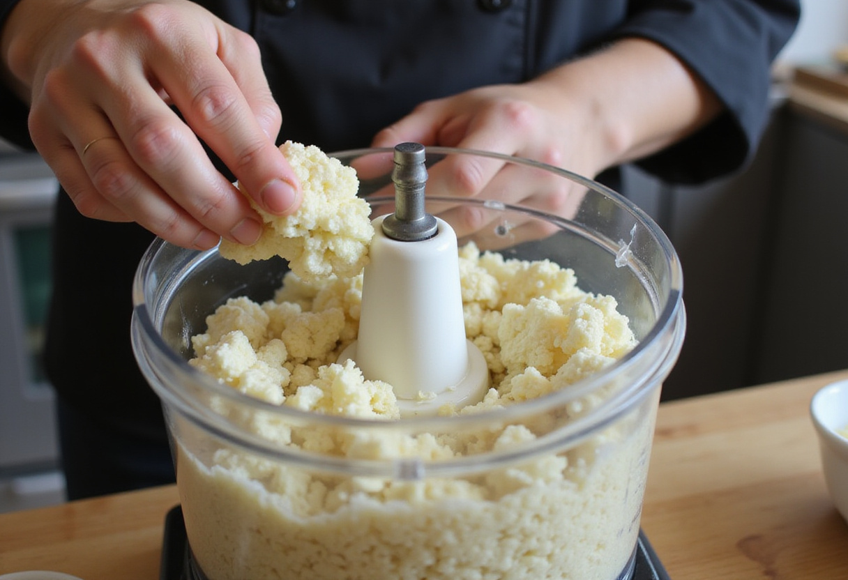Preparing cauliflower rice for Healthy Chicken Enchilada Bowls, fresh ingredients being processed into healthy rice substitute.