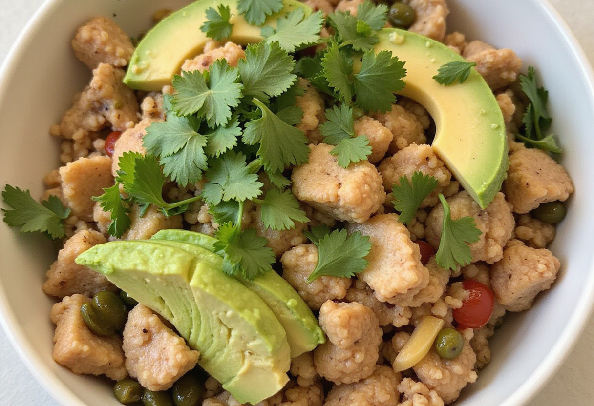 Assembling Healthy Chicken Enchilada Bowls with cauliflower rice, vibrant colors, healthy meal presentation, garnished beautifully.