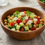 Stunning final result of Healthy Chickpea Cucumber Salad with Feta & Tomatoes ready to serve, highlighting its freshness and health benefits.