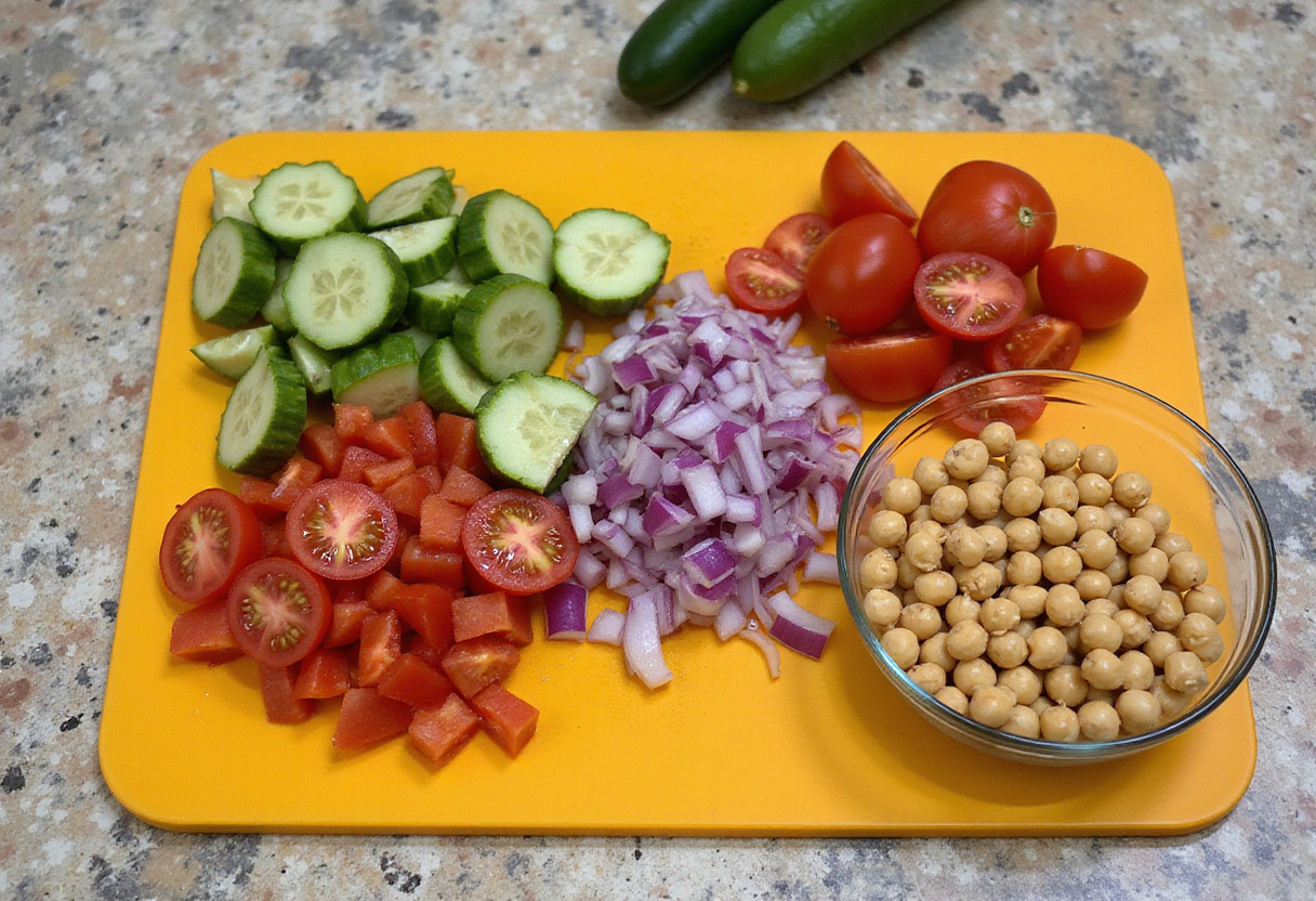 Healthy Chickpea Cucumber Salad preparation with fresh cucumbers, tomatoes, and red onions on a cutting board.