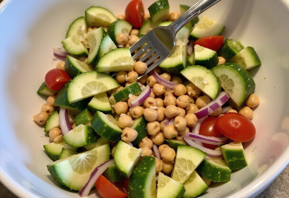 Mixing ingredients for a nutritious Chickpea Salad featuring cucumbers, tomatoes, and onions in a large bowl.