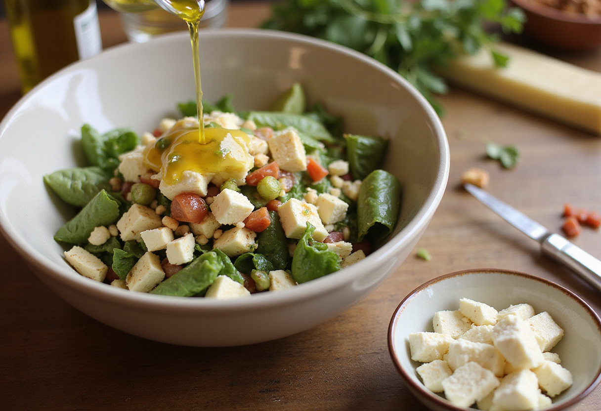 Adding feta cheese, olive oil, and lemon juice to a Chickpea Salad, enhancing flavors for a healthy meal.