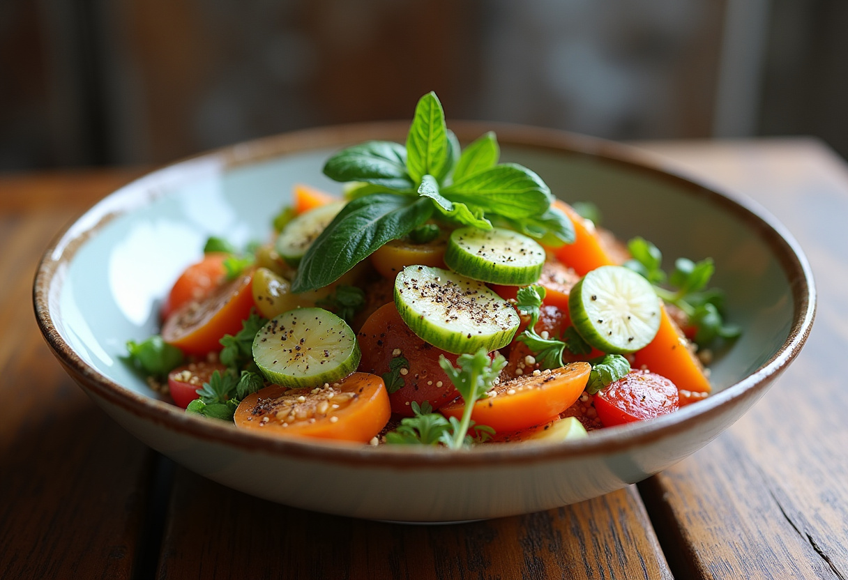 Gorgeous display of a Healthy Chickpea Cucumber Salad with Feta & Tomatoes in a ceramic bowl, showcasing a colorful and healthy dish.