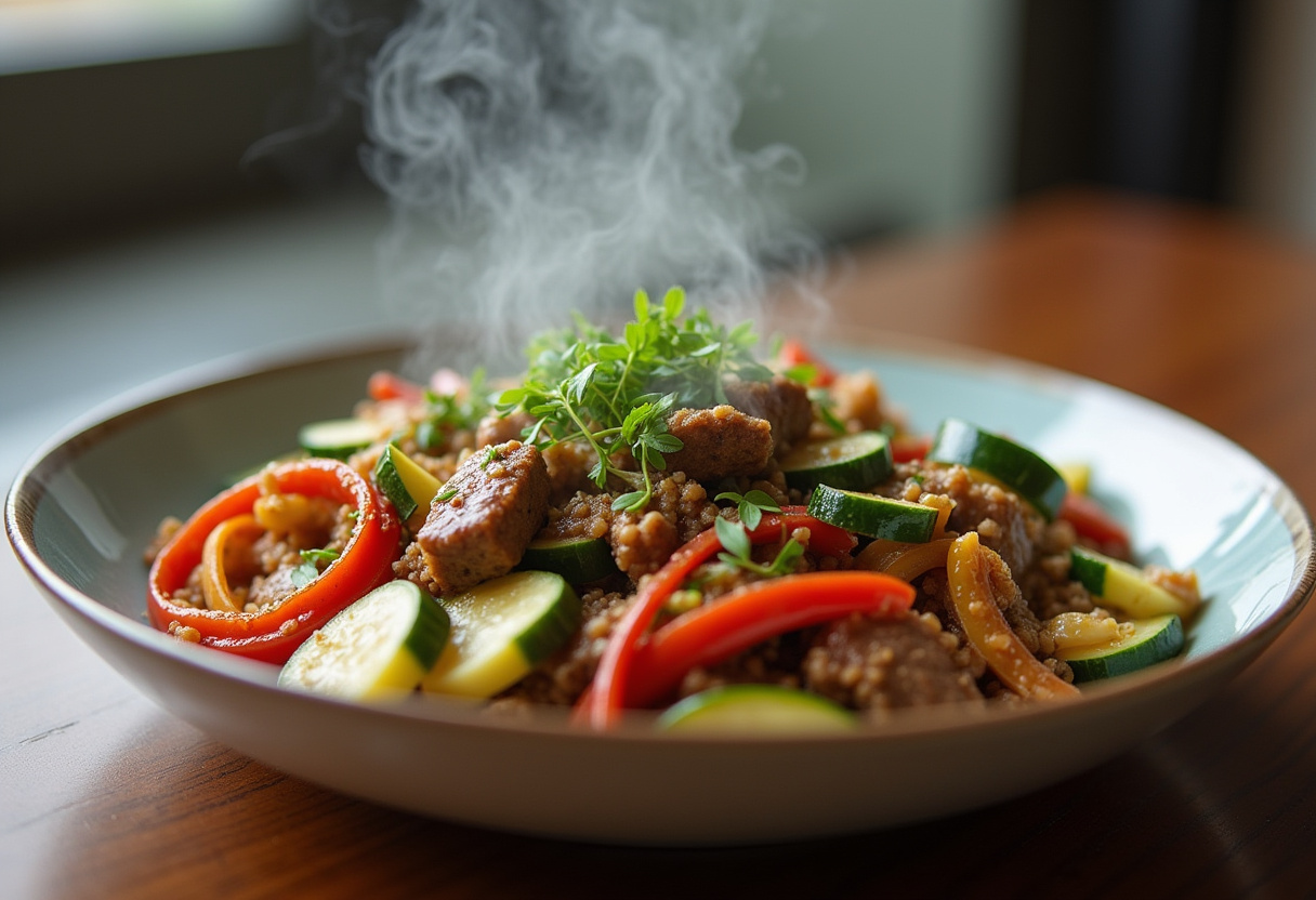 Delicious and healthy Zucchini Beef Stir-Fry presented in a bowl, emphasizing its rich colors and nutritious ingredients.