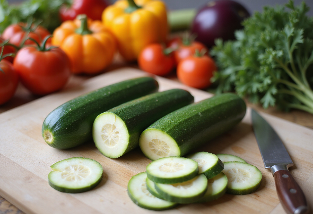 Fresh zucchinis sliced for Healthy Zucchini Beef Stir-Fry, showcasing vibrant colors and preparation for a nutritious meal.