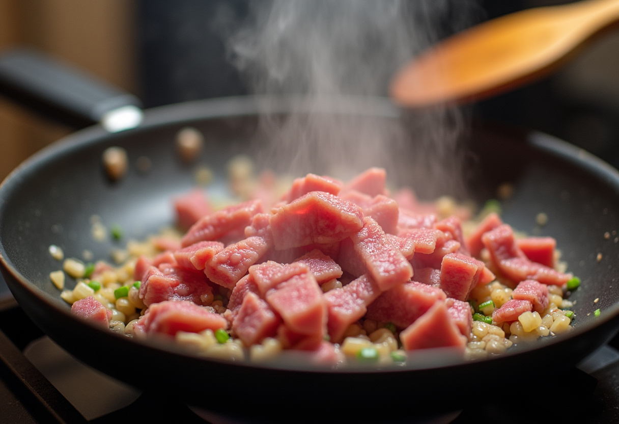 Cooking beef in a frying pan for Healthy Zucchini Beef Stir-Fry, highlighting the sizzling process of a delicious stir-fry dish.