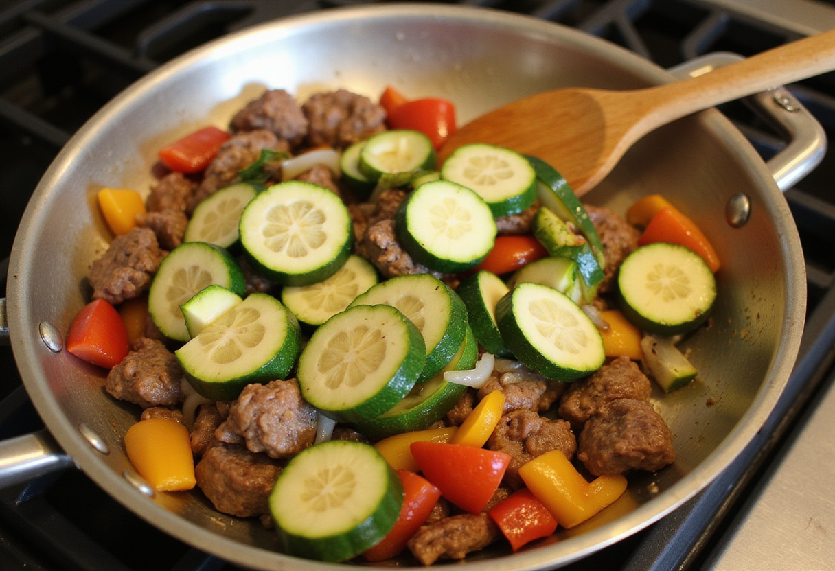 Zucchini, beef, and colorful vegetables being stir-fried for a quick Healthy Zucchini Beef Stir-Fry, demonstrating the lively cooking process.