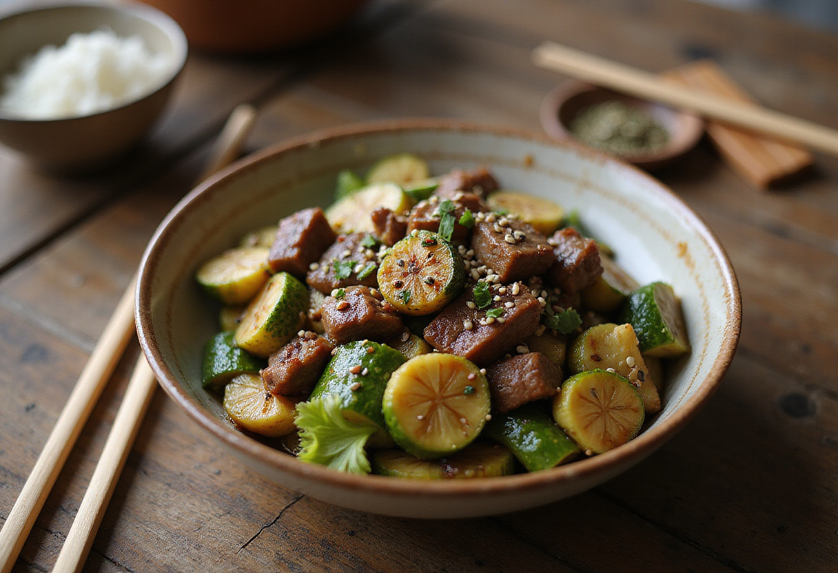 Finished stir-fry dish featuring zucchini and beef, beautifully presented with sesame seeds, representing a healthy meal option.