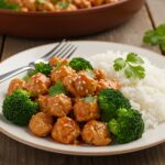Final presentation of Honey Sriracha Ground Chicken and Broccoli with rice and cilantro, ready to serve.