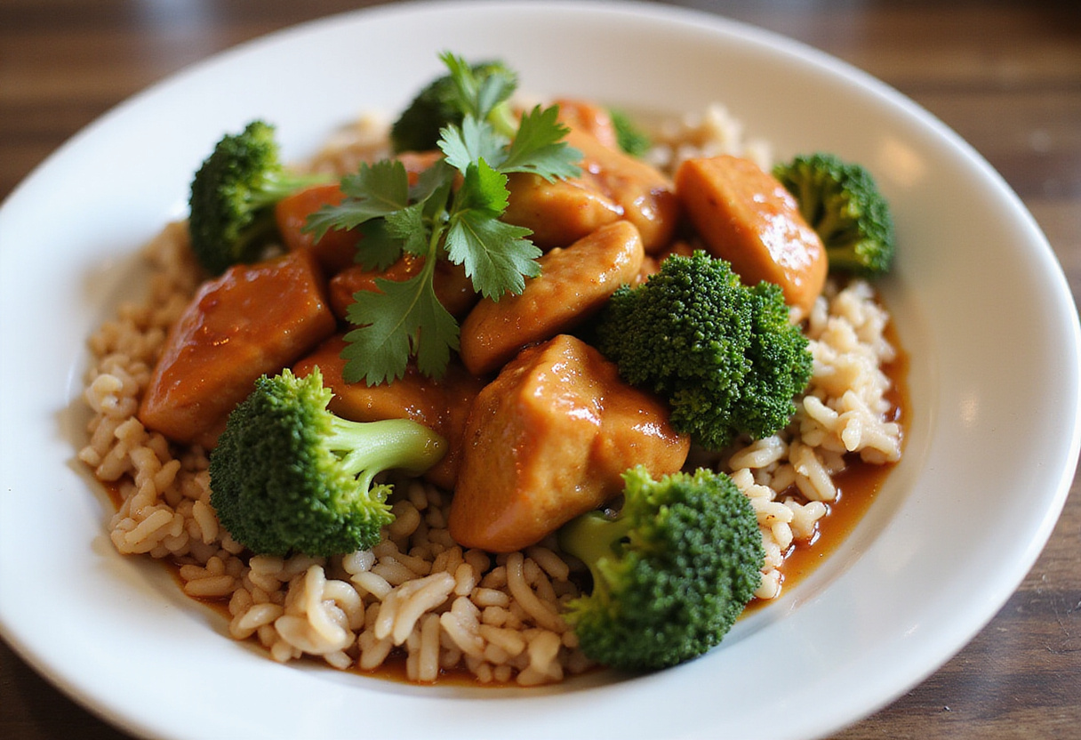 Final presentation of Honey Sriracha Ground Chicken and Broccoli with rice and cilantro, ready to serve.