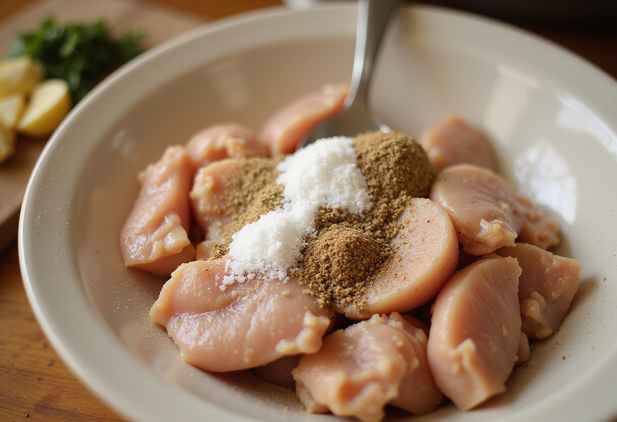 Ground chicken being seasoned for Honey Sriracha Ground Chicken and Broccoli, showcasing fresh garlic and ginger.