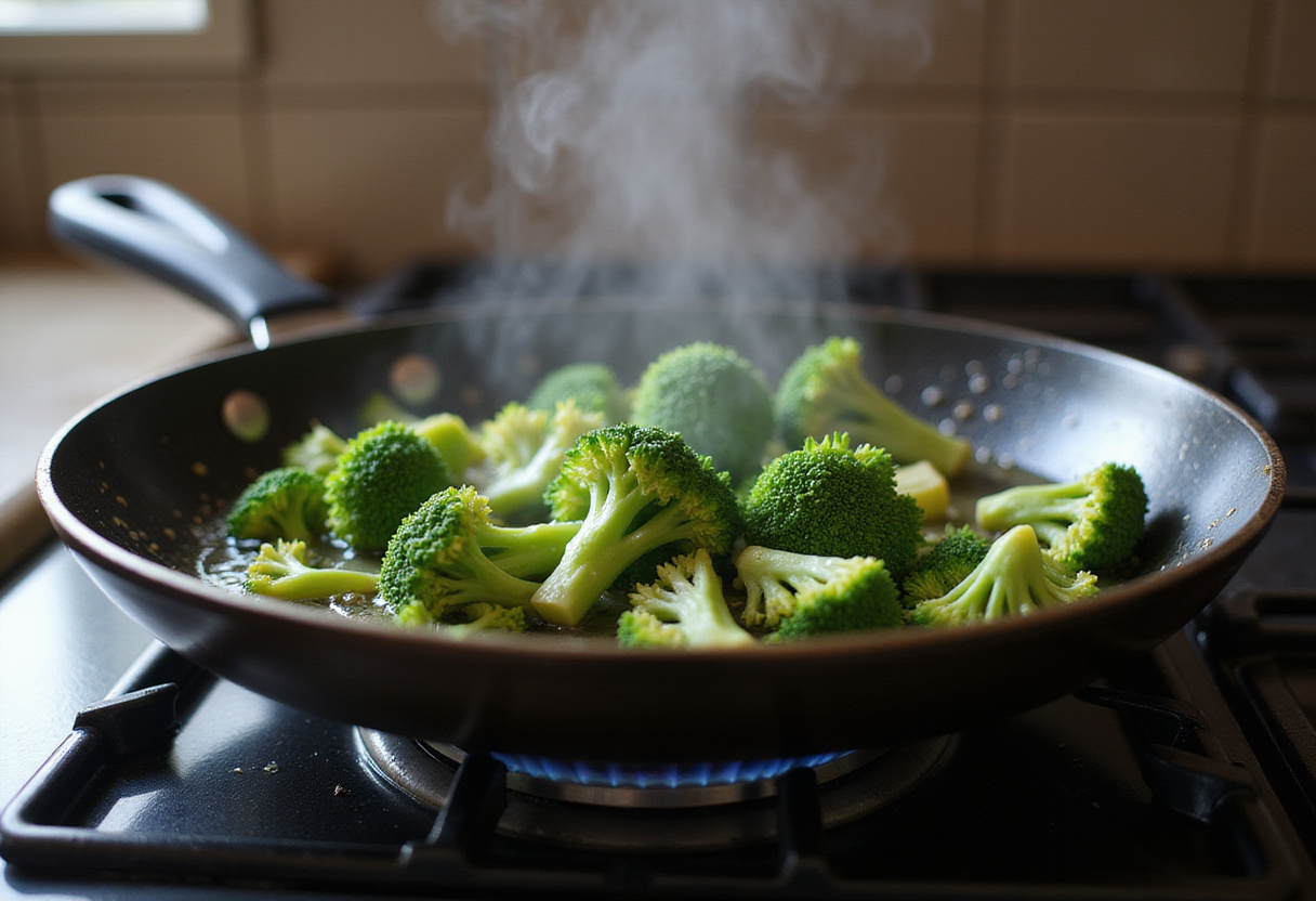 Sautéing broccoli for Honey Sriracha Ground Chicken and Broccoli, capturing the vibrant green color and steam in a kitchen setting.