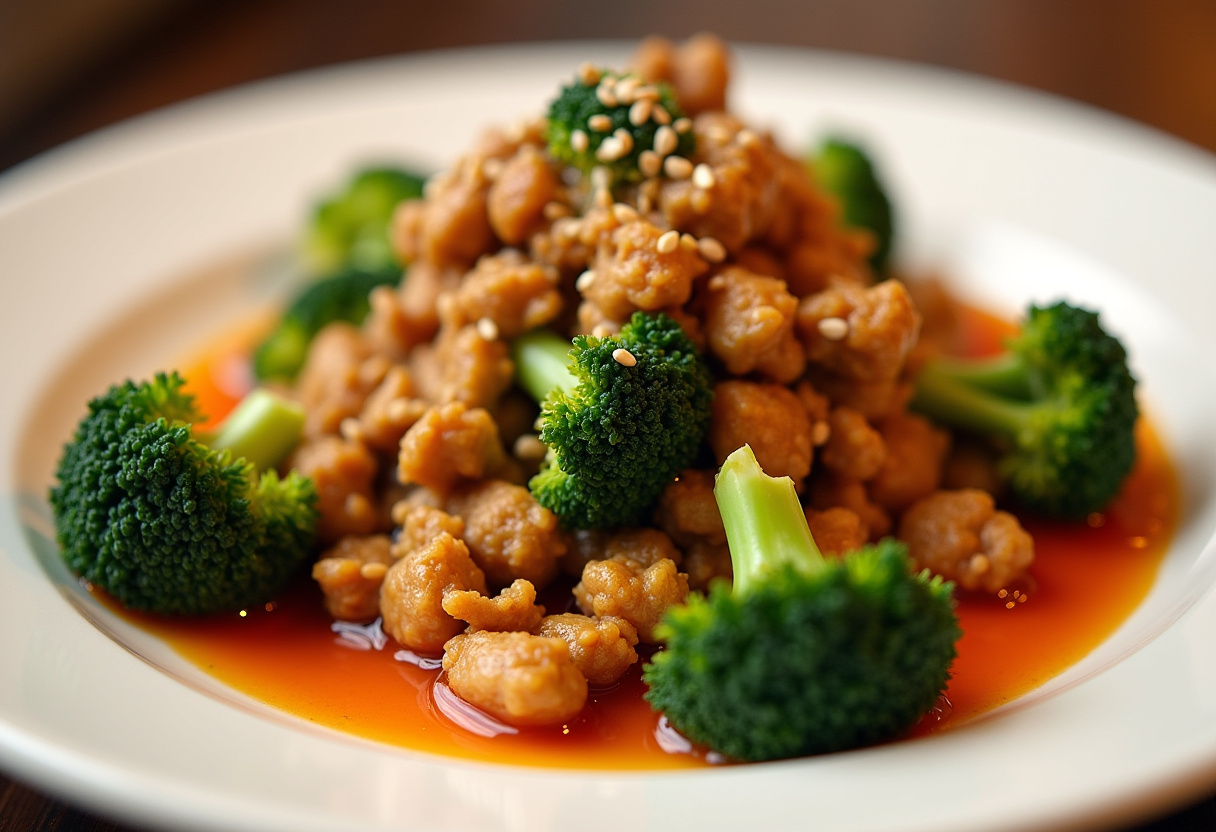 Plated Honey Sriracha Ground Chicken and Broccoli with sesame seeds, highlighting the dish's appealing colors and textures.