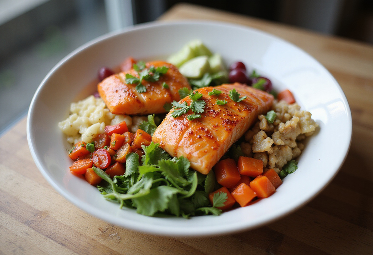 Completed Honey Sriracha Salmon Bowls ready to serve, showcasing fresh ingredients and vibrant flavors.