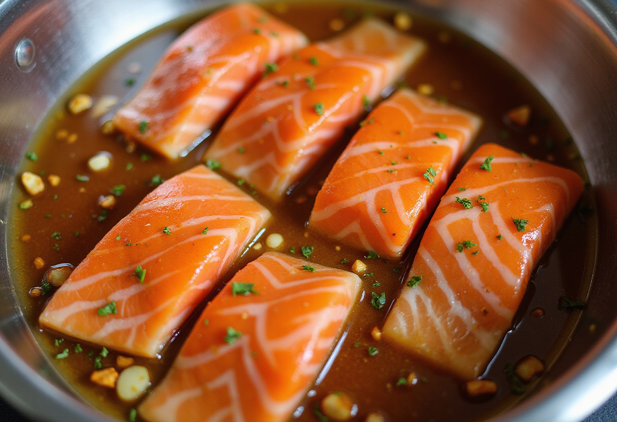 Marinating fresh salmon fillets in honey, sriracha, garlic, and lime juice for Honey Sriracha Salmon Bowls.