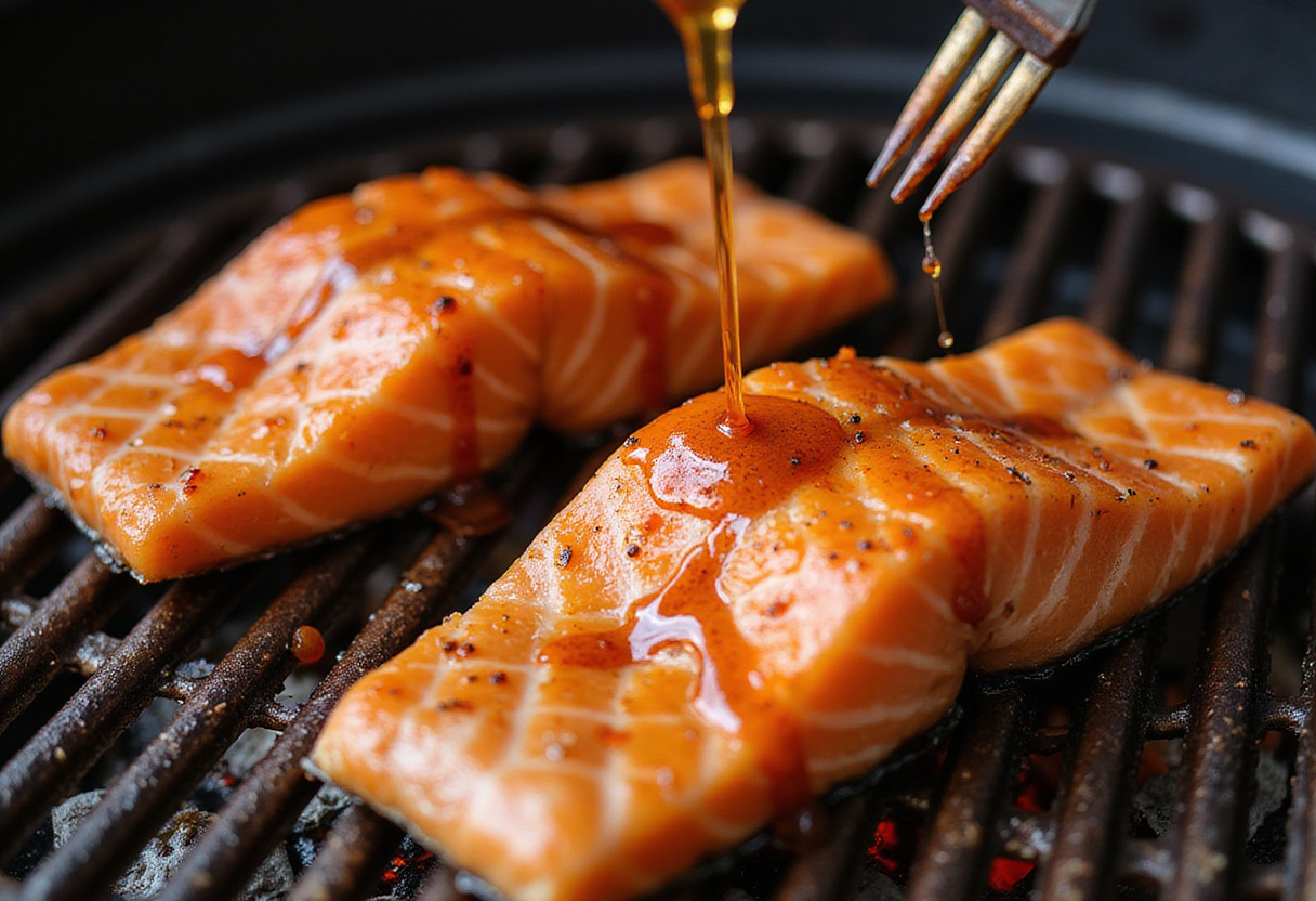 Grilling honey sriracha marinated salmon fillets to perfection for a delicious bowl dish.