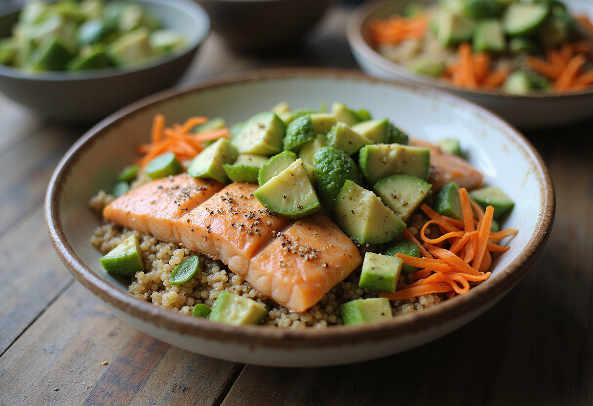 Assembling Honey Sriracha Salmon Bowls with grilled salmon, quinoa, and fresh veggies.