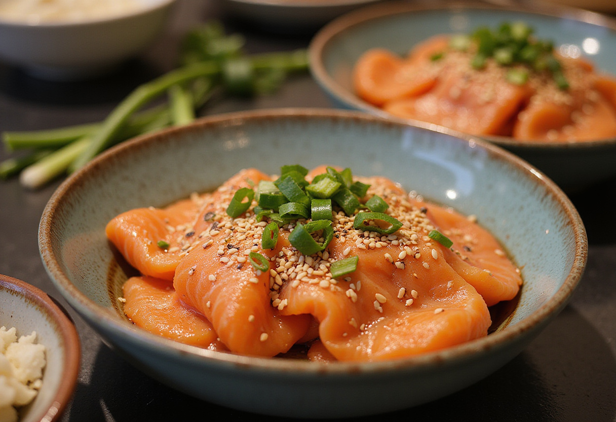 Garnishing Honey Sriracha Salmon Bowls with sesame seeds and green onions for a final touch.